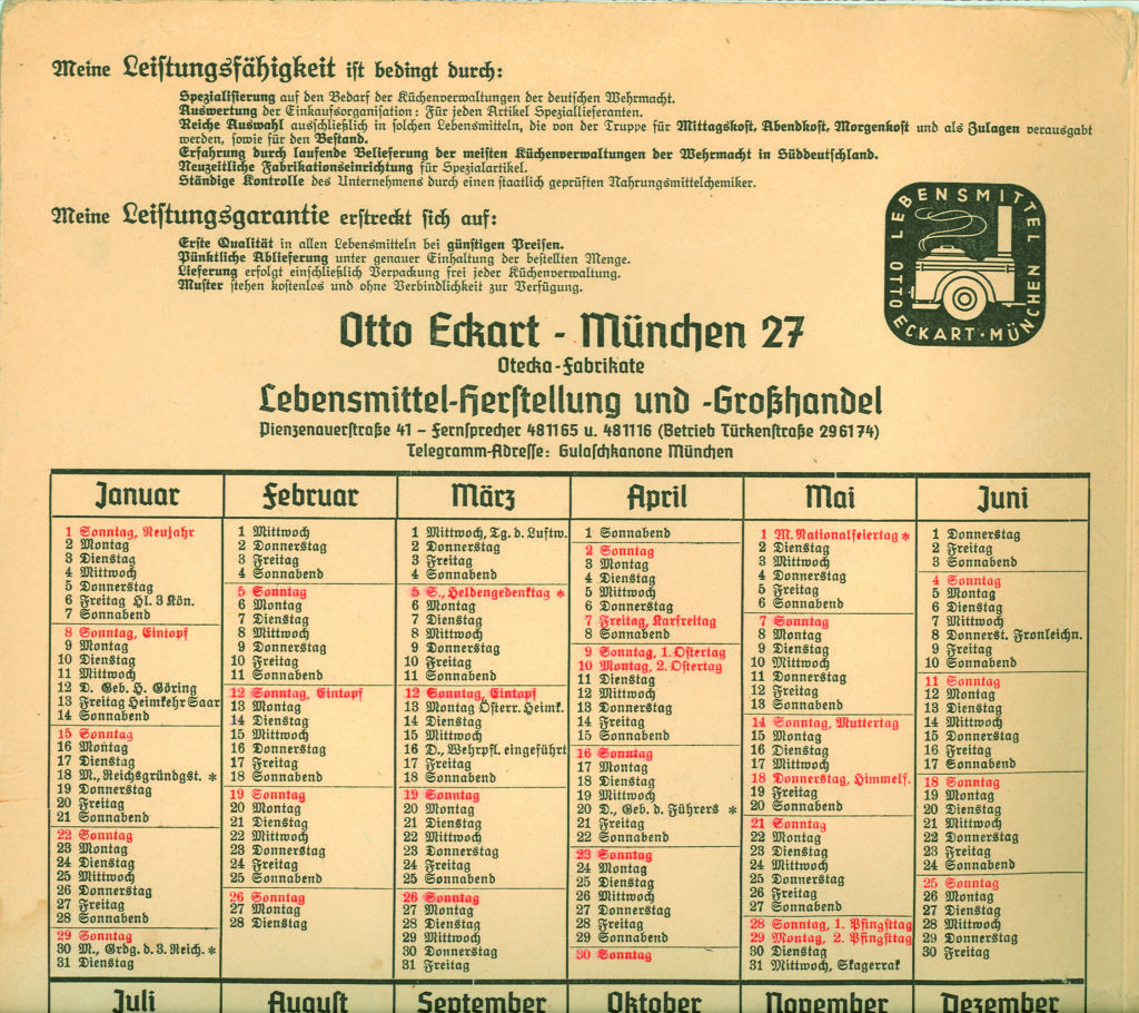 Ausschnitt aus Küchenmerkbuch pder Sammelmappe - Kalender von 1939